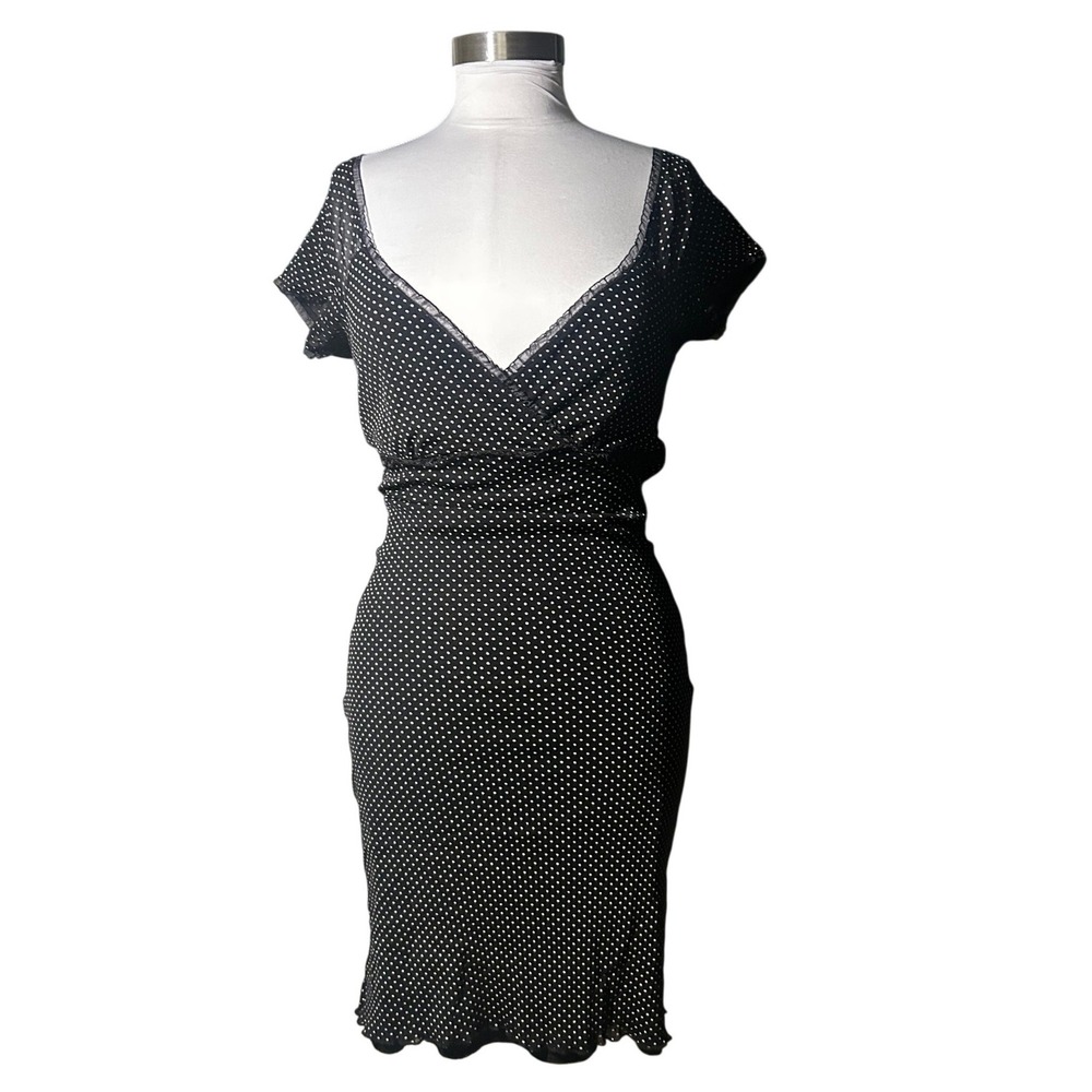 Vintage Charlotte Russe Mini Dress L Black Polka Dot Mesh Ruffle Trim Y2K Retro